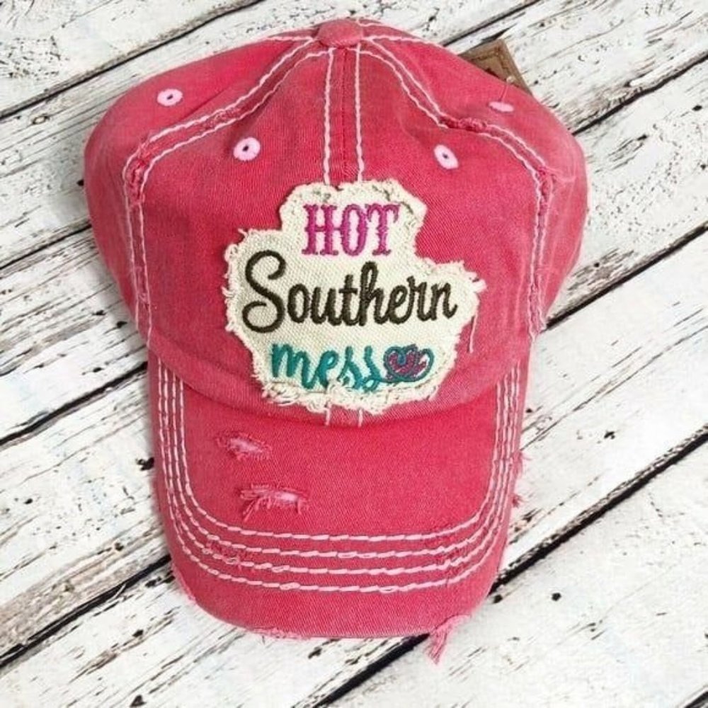 "HOT SOUTHERN MESS" Embroidered, Vintage Style Cap -‎ Pink